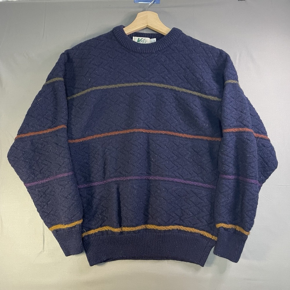 Vintage 80s 90s REI Chunky Knit Wool Sweater Navy Mens Size Large Textured